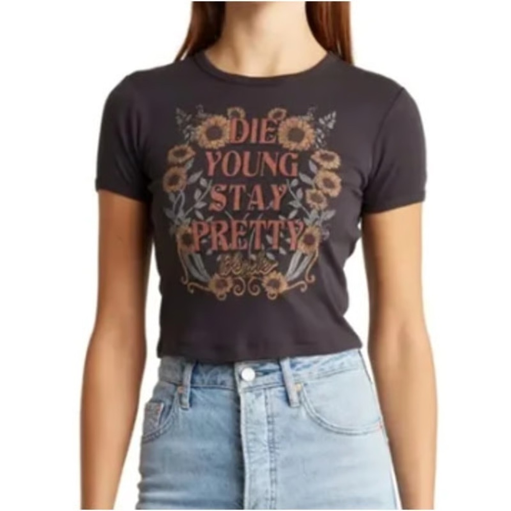 NWOT Vinyl Icons Die Young Stay Pretty Graphic T-shirt In Black, S